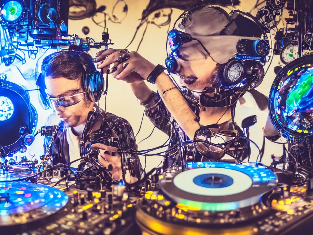 Image similar to a person wearing goggles and visor and headphones using a steampunk record player contraption, wires and tubes, turntablism dj scratching, intricate planetary gears, cinematic, imax, sharp focus, leds, bokeh, iridescent, black light, fog machine, hazy, lasers, hyper color digital art, cyberpunk