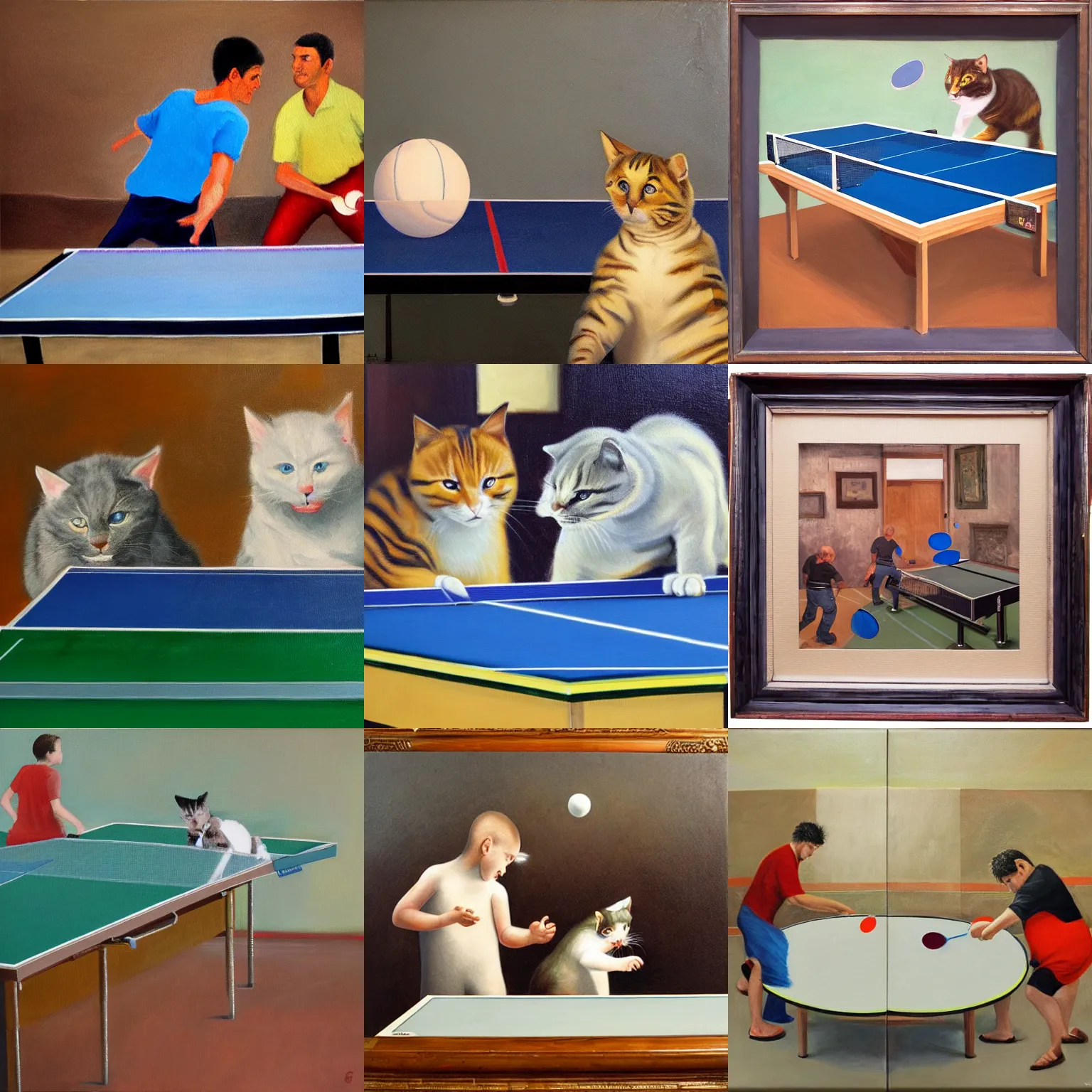 Prompt: Due gatti giocano a ping pong, oil painting