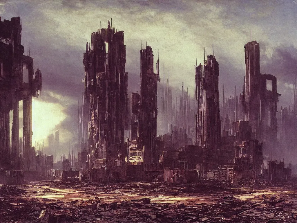 Prompt: a post apocalyptic brutalist architecture cityscape after a nuclear war, blown out neon lighting, painted by albert bierstadt