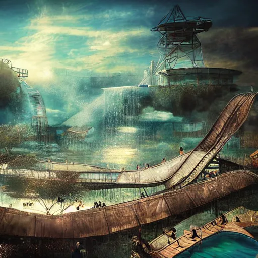 Prompt: waterpark in the clouds of heaven, digital art, cinematic lighting, epic composition, highly detailed