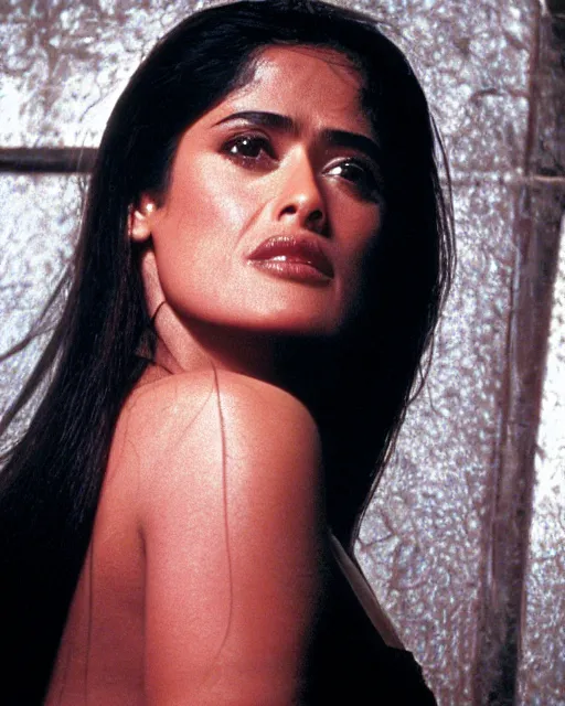 Image similar to film still of closeup portrait of young beautiful salma hayek in from dusk till dawn 1 9 9 6, octane, arney freytag, glamour pose,