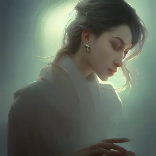 Image similar to staring at a computer screen, fog, volumetric lighting, intricate, elegant, highly detailed, digital painting, artstation, concept art, smooth, sharp focus, illustration, art by artgerm and greg rutkowski and alphonse mucha