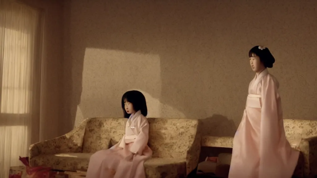 Image similar to shadow of a monstrous starfish is seen behind a woman in hanbok sitting on a couch, traditional korean interior, kaiju - eiga monster movie by denis villeneuve, cinematography by akira kurosawa and ishiro honda