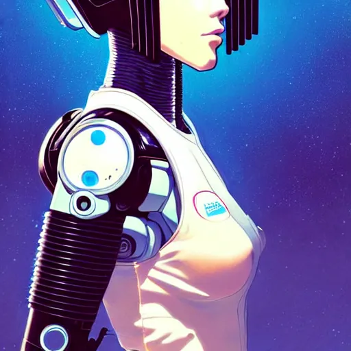 Image similar to side portrait scifi cyborg girl with robotic parts and spacesuit | | head only in center of image, audrey plaza, fine detail!! anime!! realistic shaded lighting!! poster by ilya kuvshinov katsuhiro otomo ghost - in - the - shell, magali villeneuve, artgerm, jeremy lipkin and michael garmash and rob rey