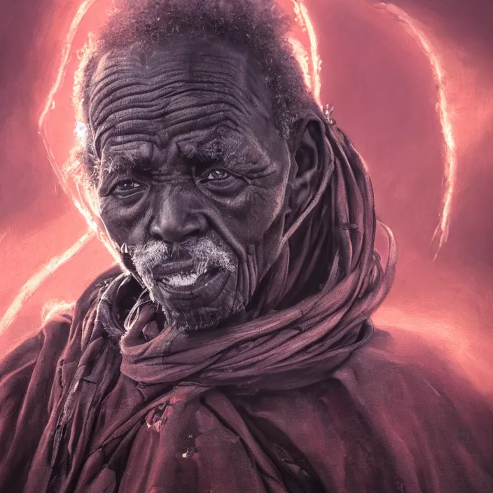 Image similar to a painting of a wise elder from Kenya. dramatic angle, ethereal lights, details, smooth, sharp focus, illustration, realistic, cinematic, artstation, award winning, rgb , unreal engine, octane render, cinematic light, macro, depth of field, blur, red light and clouds from the back, highly detailed epic cinematic concept art CG render made in Maya, Blender and Photoshop, octane render, excellent composition, dynamic dramatic cinematic lighting, aesthetic, very inspirational, arthouse.