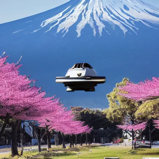 Prompt: a futuristic dieselpunk vehicle fused into hover craft 2 0 8 9 futuristic version, cyberpunk look hovering by mount fuji early in the morning with a few blossom trees around, high quality photo