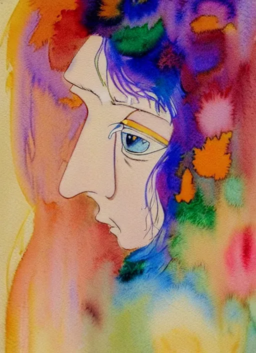 Prompt: vintage 7 0 s anime watercolor, a portrait of a man with colorful face - paint enshrouded in an impressionist watercolor, abstract representation of the meaning of life in the background by william holman hunt, art by cicley mary barker, thick impressionist watercolor brush strokes, portrait painting by daniel garber, minimalist simple pen and watercolor