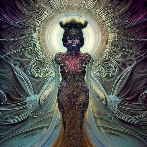 Prompt: bjork as a cyber creature from a parallel universe by alexander mcqueen, zdzisław beksinski and alphonse mucha. highly detailed, hyper - real, very beautiful, intricate fractal details, very complex, opulent, epic, mysterious, trending on deviantart and artstation