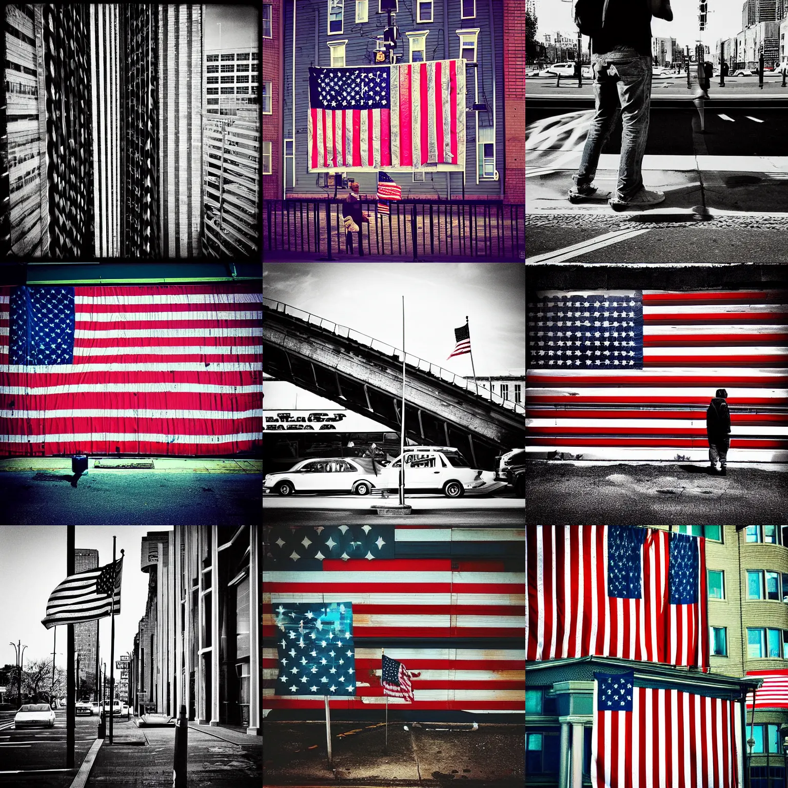 Prompt: “America land of the free and home of the brave, photograph, future 2070, street photography style, slice of life”