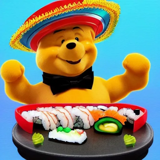 Image similar to John Cena wearing a sombrero eating sushi with Winnie the Poo