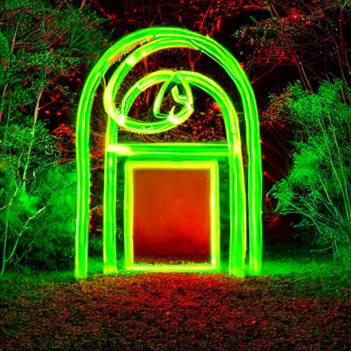 Image similar to a stargate made of neons and glowing runes in the middle of a green forest with a beam of light