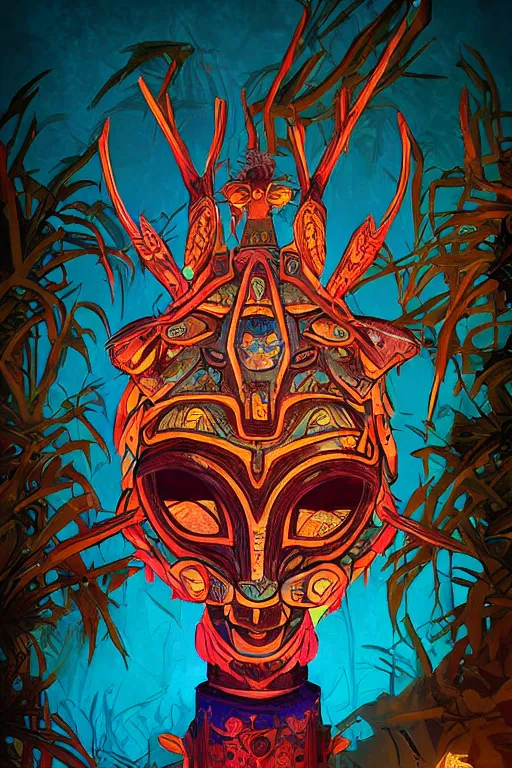 Image similar to totem animal tribal chaman vodoo mask feather gemstone plant wood rock video game illustration vivid color borderlands by josan gonzales and dan mumford radiating a glowing aura global illumination ray tracing