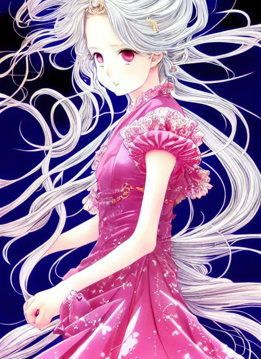 Image similar to exquisite imaginative manga poster of princess, fate, long wavy hair, rococo ruffles dress, shimmering, by type - moon, shigenori soejima, minaba hideo, katsuhiro otomo, jump comics, illustration, artstation, dark fantastic, highly detailed, 8 k, fluorescent, maximalist