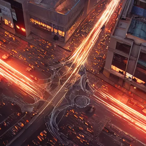 Prompt: detailed intricate digital illustration by greg rutkowski and artgerm and wlop and sanford robinson gifford ; anatomical human veins loom over city intersection ; 1 3 mm film, arri alfa anamorphic lens ; sharp focus ; golden hour, trending on artstation 8 k