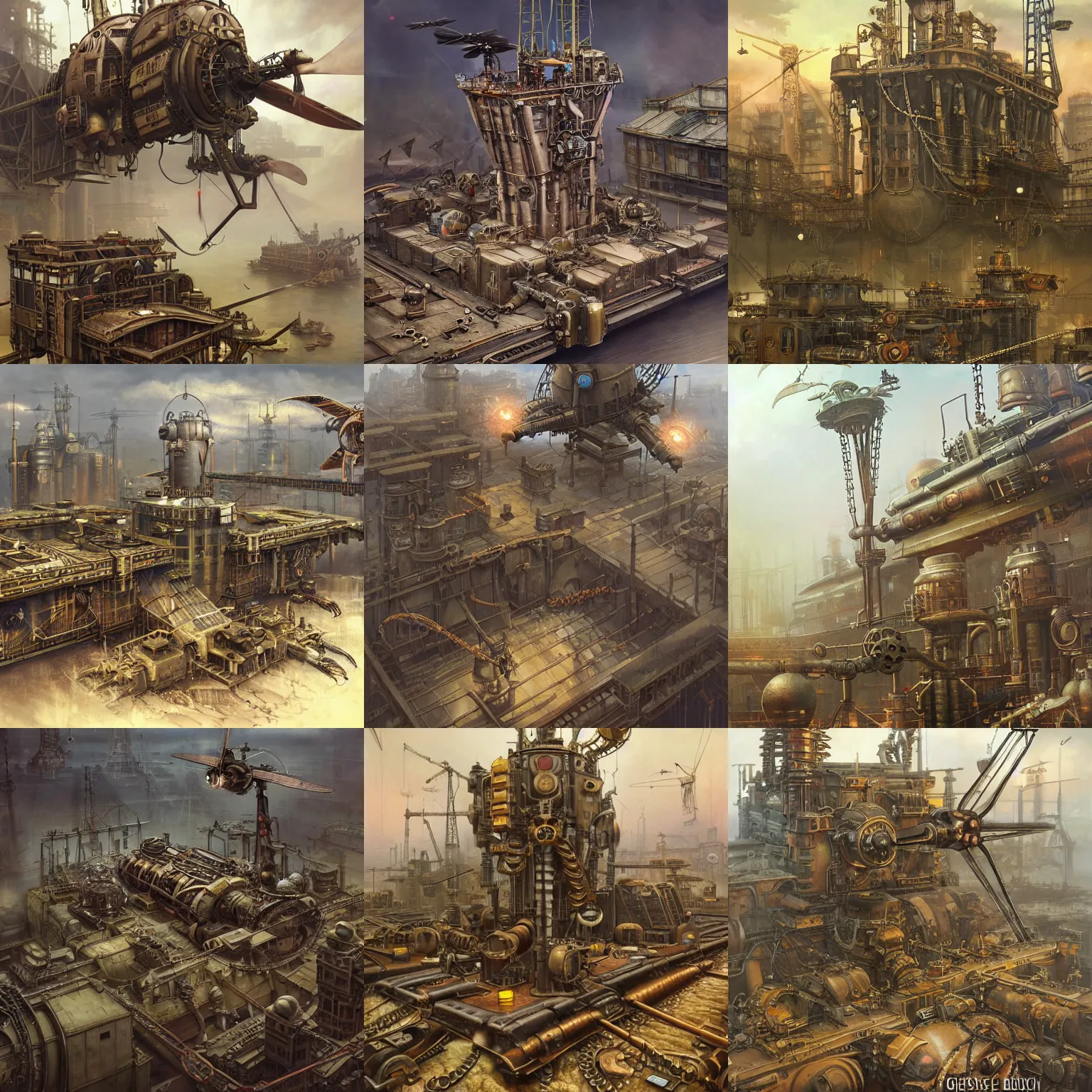 Prompt: dieselpunk base with steampunk base with propellers, cranes, chains, highly detailed, digital painting, artstation, concept art, smooth, sharp focus, illustration, artstation, art by giger and greg rutkowski and hikari shimoda and edmund blair leighton and charlie bowater, painted warhammer miniature