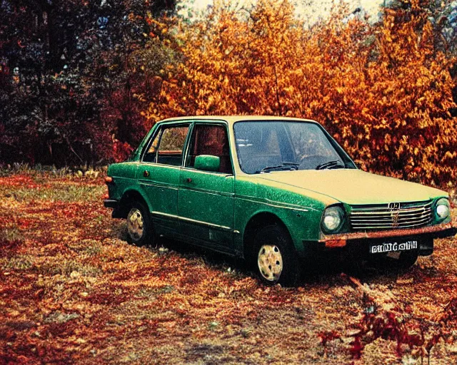 Image similar to a lomographic photo of old lada 2 1 0 7 standing in typical soviet yard in small town, autumn, cinestill, bokeh