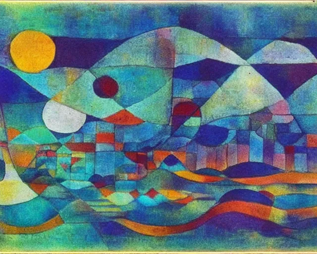 Image similar to Waves in the ocean. Sci-fi dreamworld. LSD. DMT. Paul Klee.