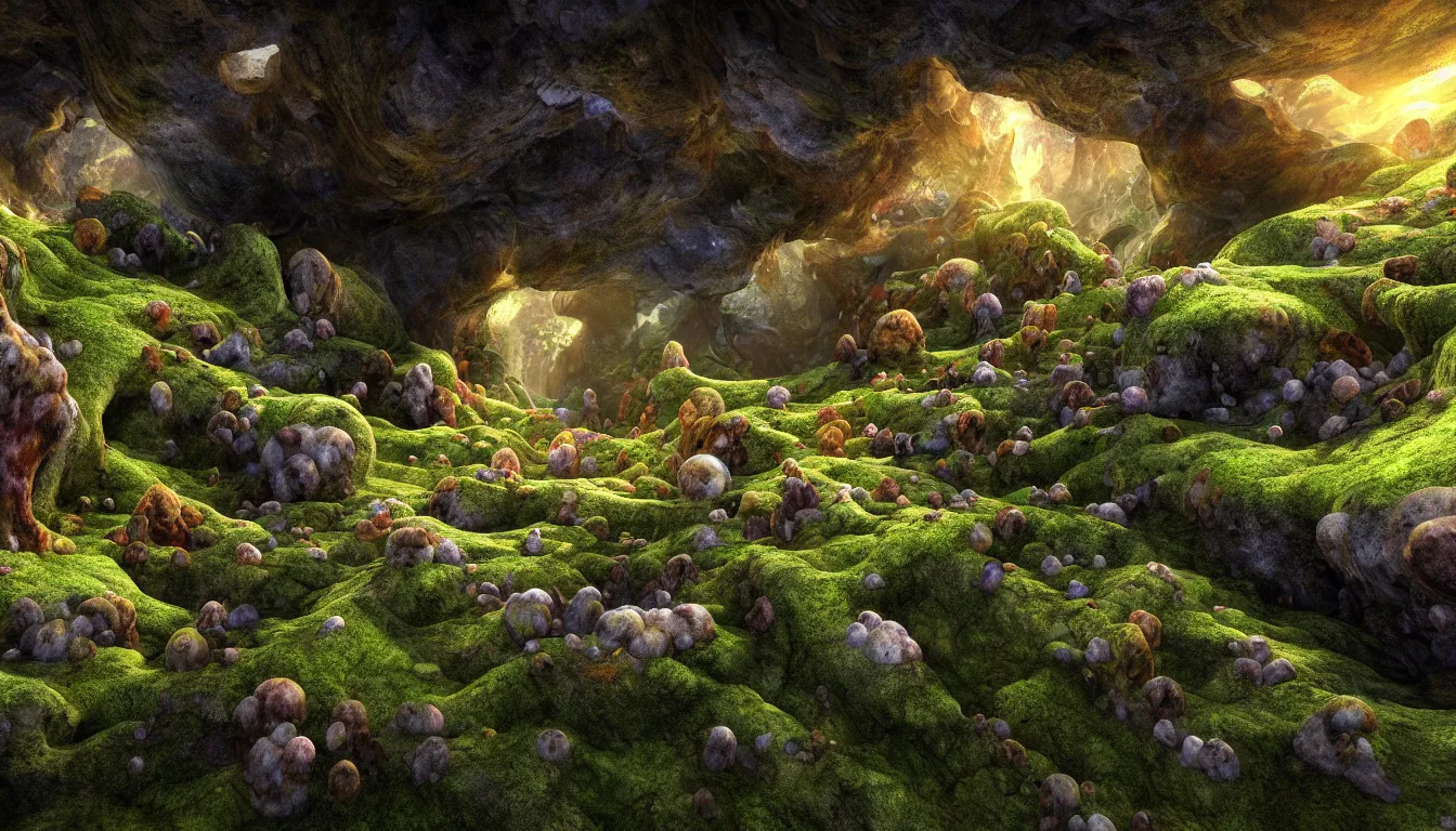 Image similar to expansive caves with growing fungal biodiversity , pools of water reflecting , dramatic dusk sun illuminates areas , volumetric light ,detailed entangled fibres carpet the fallen rocks ,full colour , upscale , 8k