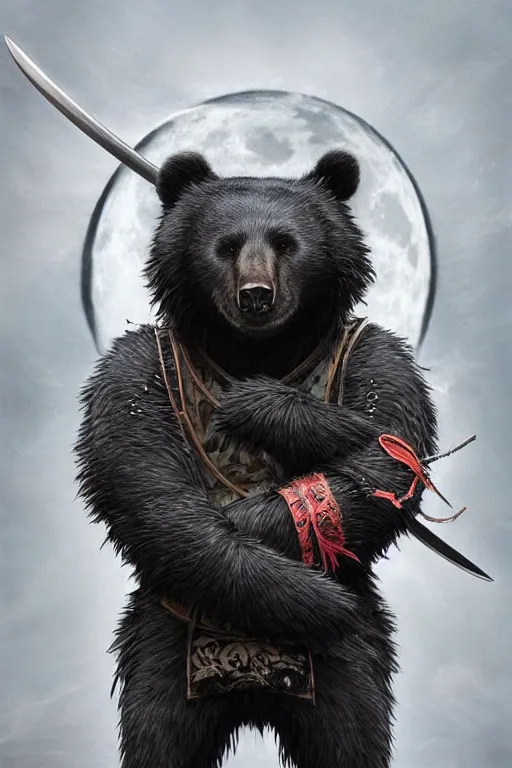 Image similar to anthropomorphic, half man half asian black bear, black bear samurai, Moon Bear Samurai, epic, samurai, stunning 3d render, 8k octane beautifully detailed render, post-processing, highly detailed, intricate complexity, epic composition, magical atmosphere, cinematic lighting + masterpiece, trending on artstation, art by artgerm and greg rutkowski and alphonse mucha