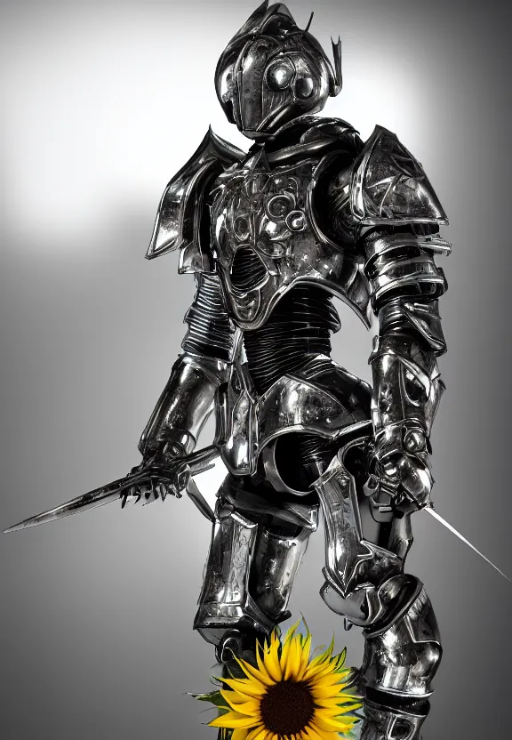 Prompt: photography of a hyper realistic cybertronic futuristic knight with a sword. complex and highly detailed armor, leds, in a sunflower field, by night with stars. intense stare, concept art, intricate detail, volumetric shadows and lighting, realistic glass sculpture, octane render, unreal engine.