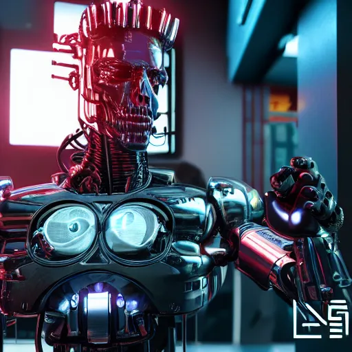 Image similar to A sophisticated terminator with borg implants and lots of components sitting in a cyberpunk cafe and munching on skewer kebabs made of electronic components. Unreal 5 nanite, path tracing render, global illumination. Highly detailed 8k. Bloom, cinematic post-processing