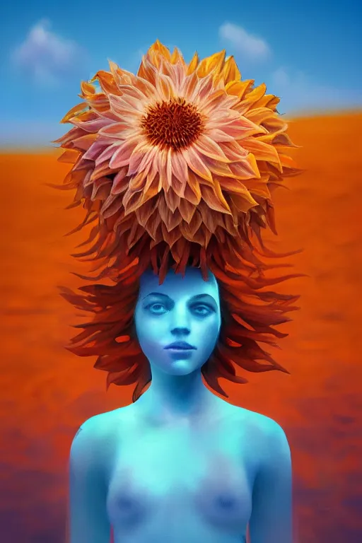 Image similar to closeup giant dahlia flower head, girl standing on beach, surreal photography, blue sky, sunrise, dramatic light, impressionist painting, digital painting, artstation, simon stalenhag