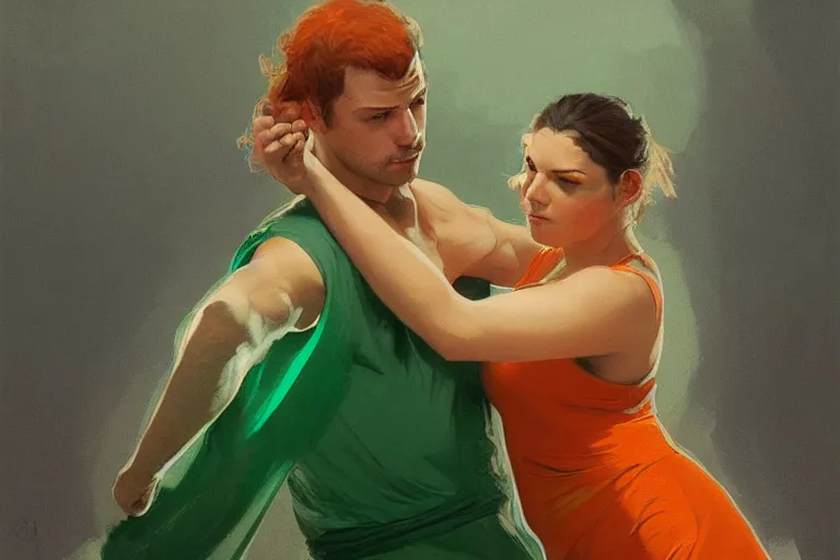 Image similar to portrait of a man in orange t - shirt wrestling with a girl in green dress, highly detailed, digital painting, artstation, concept art, smooth, sharp focus, illustration, art by artgerm and greg rutkowski and alphonse mucha