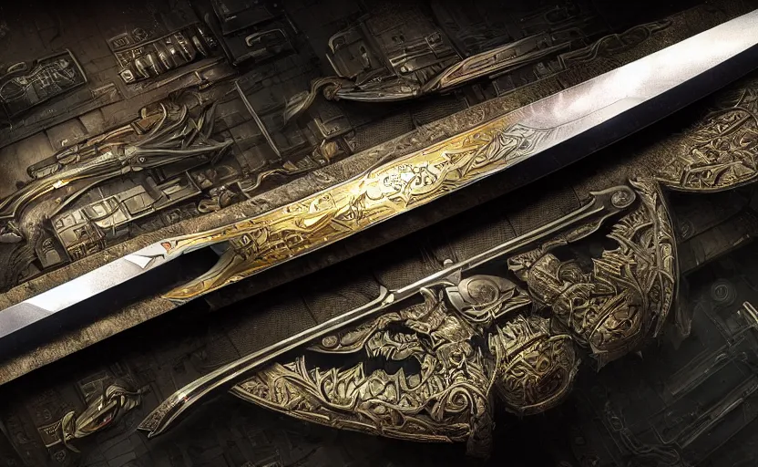 Prompt: legendary sword of cybernetic technology lying flat on a glowing table, digital award winning hd matte painting, intimate dark moody, intricate, long sharp black and iridescent blade, ornate spikes, colorful hilt, detailed realistic, raytraced blade, colored gems, golden pommel, in the style of greg rutkowski and krenz cushart, deviantart