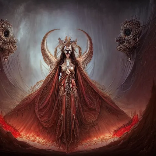 Image similar to a beautiful detailed 3d matte painting of female empress of the dead, by ellen jewett, tomasz alen kopera and Justin Gerard, symmetrical features, ominous, magical realism, texture, intricate, ornate, royally decorated, skull, skeleton, whirling smoke, embers, red adornements, red torn fabric, radiant colors, fantasy, trending on artstation, volumetric lighting, micro details, 3d sculpture, ray tracing, 8k