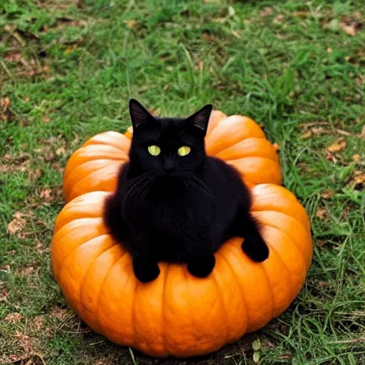 Prompt: a singular black cat resting on top of a pumpkin, simple, cute