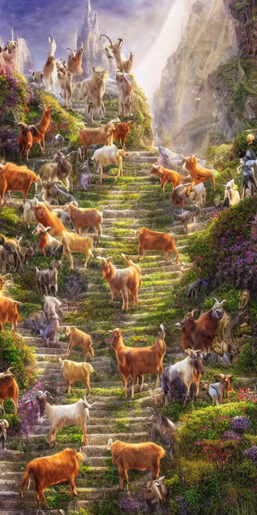 Prompt: a herd of goats! on stairs in a beautiful fantasy cathedral, epic, grandiose, many goats, magic, tall towers, gorgeous clouds, colorful, sunrays, digital painting, landscape, octane render, unreal engine, high detail, very realistic, by jacek yerka