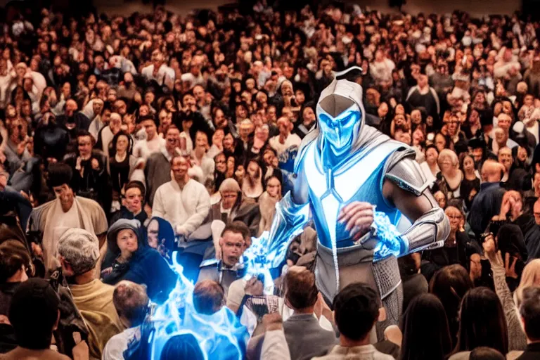 Prompt: subzero from mortal kombat speaking to a crowd at a scientology convention, flashy, fancy, scientology gathering, movie still, 8 k