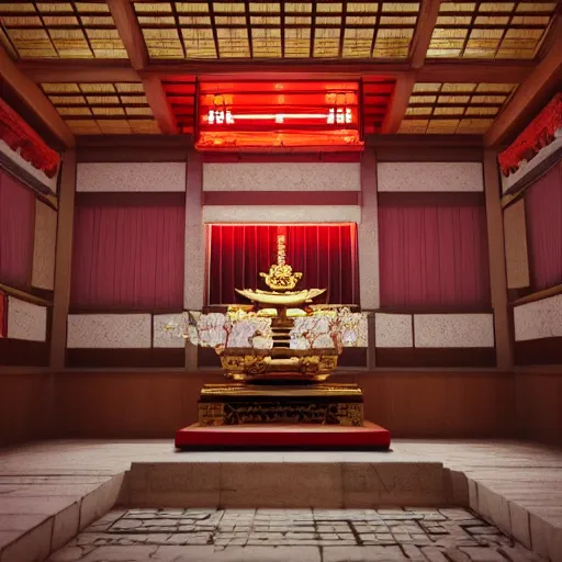 Prompt: shintoist temple interior, detailed, jewelry, sakura,photograph, award wining, red and white, trending on artstation, 4k, unreal engine 5, octane render, neon highlights