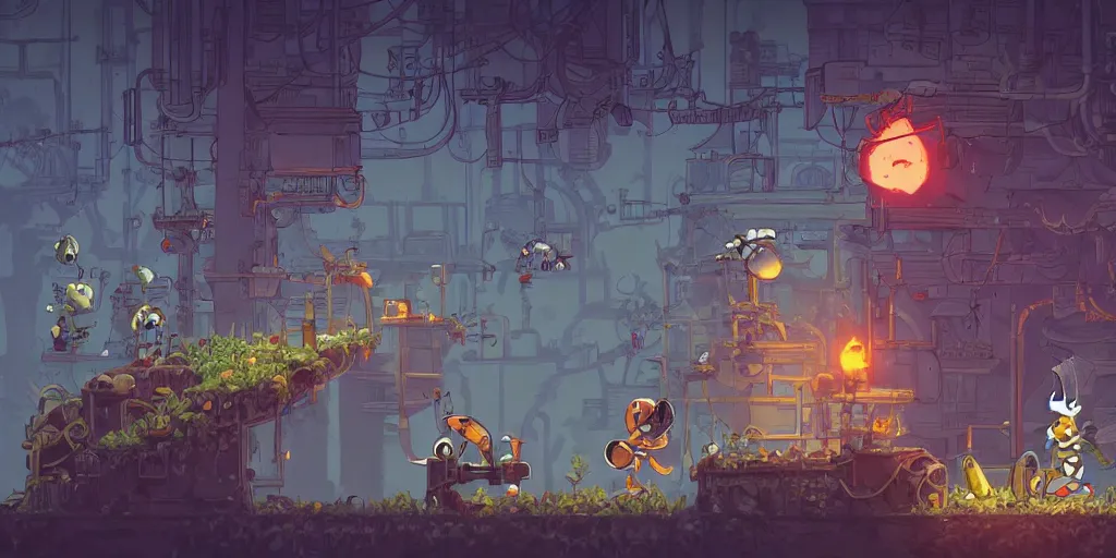 Image similar to Scenario without characters, empty scenario, art by Tomba, ori and the blind, Dead cells ,Hollow knight ,wonder boy , Megaman, Blasphemous , Portraiting a platform game showing an old industry, inside iron and machines, side scrolling, Rule of Thirds, 4K, Retrofuturism, Studio Ghibli, Simon Stålenhag