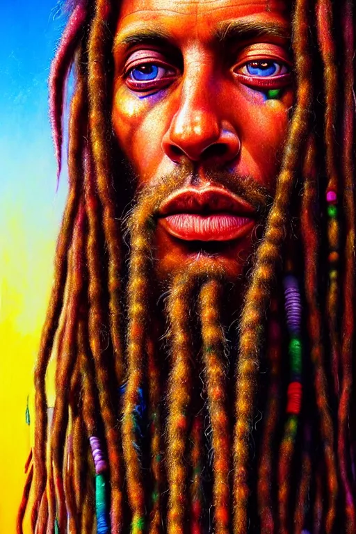 Image similar to hyperrealistic close - up portrait of psychedelic colorful acid neuro - shaman dreadlocks hippy highly detailed concept art eric zener elson peter cinematic hard lighting high angle hd 8 k sharp shallow depth of field, inspired by denis villeneuve and zdzisław beksinski