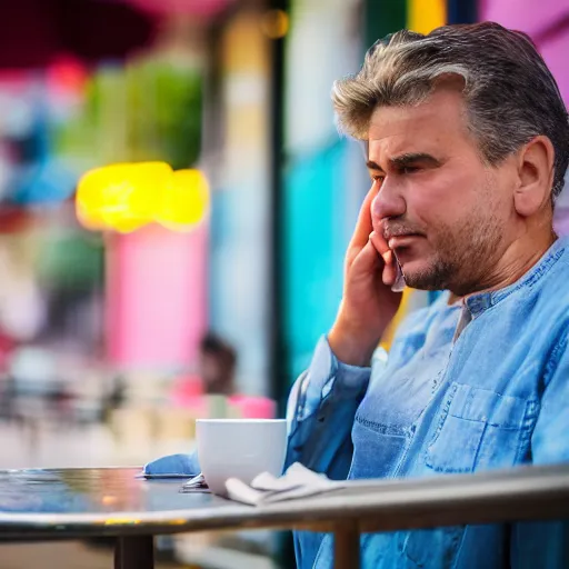 Prompt: a photo of a man sitting outside a crowded restaurant, he is staring at a computer screen, pastel background colours and square lighting structures in the background. 2 0 0 mm, bokeh, kodak ektar 1 0 0, portrait photography,