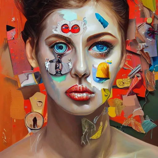 Prompt: a painting of a woman's face with many different things on her face, a surrealist painting by Sandra Chevrier, behance contest winner, pop surrealism, surrealist, detailed painting, poster art