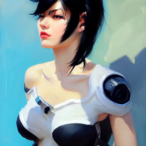 Image similar to greg manchess portrait painting of white pale girl with black hair as overwatch character, medium shot, asymmetrical, profile picture, organic painting, sunny day, matte painting, bold shapes, hard edges, street art, trending on artstation, by huang guangjian and gil elvgren and sachin teng