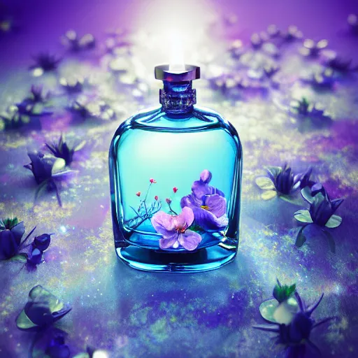 Prompt: photorealistic blue perfume bottle surrounded by plethora of blue flowers, lonely world still shining through faintly rainbow led lights, beautiful surreal scenery artwork pixiv. soul dust. unthinkable dream sublime god lighting, sun rays, cold colors. insanely detailed, artstation!! pixiv!! infinitely detailed created by god