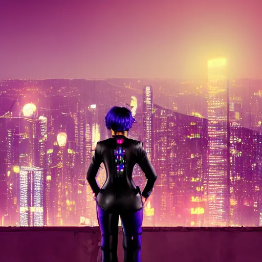 Image similar to digital photography of cyberpunk girl standing on a rooftop, short purple hair with undercut, realistic body shape, wearing long leather trenchcoat and black cargo pants. night time, neon cityscape background, flying blimp with searchlights shining in the distance. 8 k high resolution