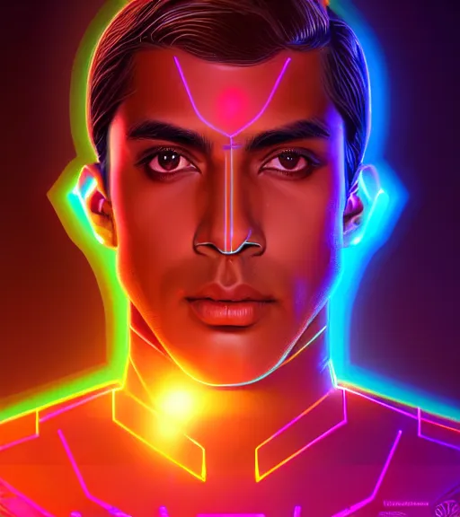 Image similar to symmetry!! indian prince of technology, solid cube of light, hard edges, product render retro - futuristic poster scifi, lasers and neon circuits, brown skin handsome indian prince, intricate, elegant, highly detailed, digital painting, artstation, concept art, smooth, sharp focus, illustration, dreamlike, art by artgerm