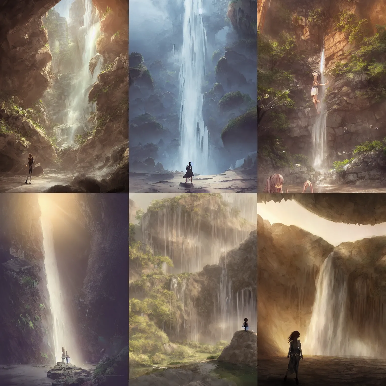 Prompt: waterfall cascading down a building onto the desert sand, anime girl stands at distance watching, soft lighting,, misty, trending on art station fantasy art, global illumination, radiant light, detailed and intricate environment