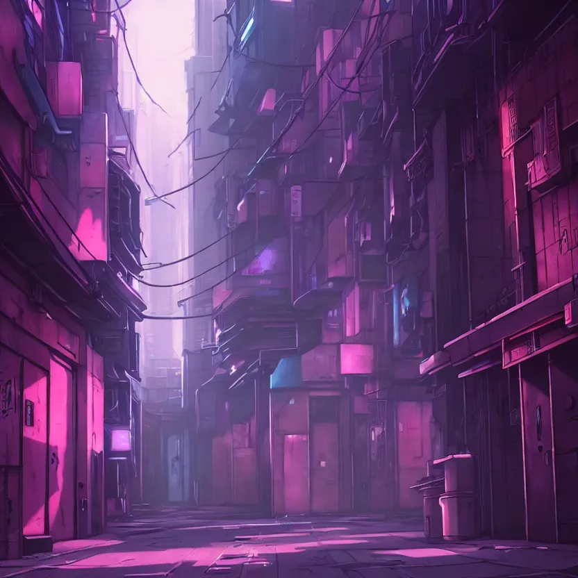 Image similar to city alleyway in the atmospheric cyberpunk anime film, gouache matte background painting, neon noir, at night with lights, by makoto shinkai, in the anime series ergo proxy, beautiful specular edge highlights and rim lighting