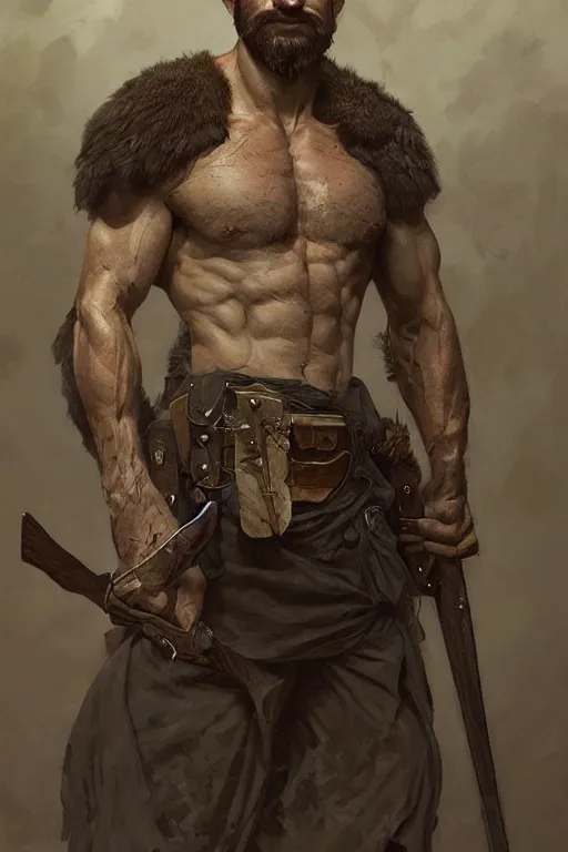 Image similar to portrait of a rugged ranger, muscular, upper body, hairy torso, D&D, fantasy, intricate, elegant, highly detailed, digital painting, artstation, concept art, smooth, sharp focus, illustration, art by artgerm and Greg Rutkowski and Alphonse Mucha