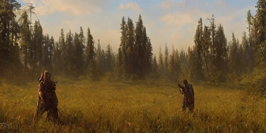 Prompt: A Menacing giant figure approaches, The brilliant dawn on the meadow, Ivan Shishkin, Artstation, Epic, Stylized,