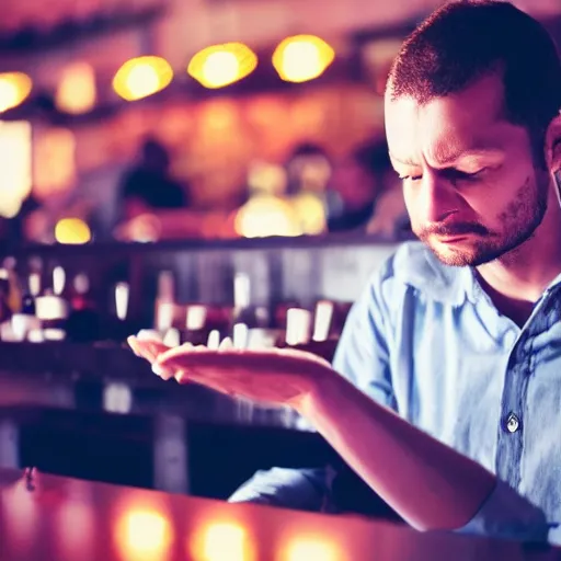 Prompt: photo of a software developer debugging code at a bar