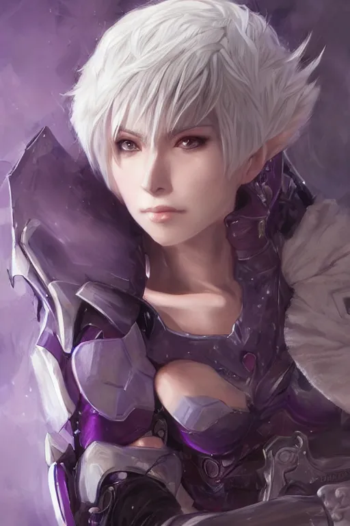 Image similar to A realistic anime portrait of a short white haired female rogue wearing an intricate medium armor, middle eastern, purple eyes, digital painting, by Stanley Artgerm Lau, Sakimichan, WLOP and Rossdraws, digtial painting, trending on ArtStation, SFW version