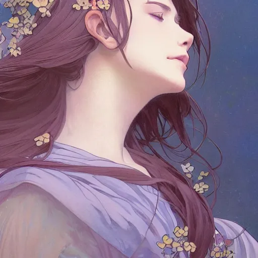 Prompt: looking up as flower petals flow gently as a breeze blows them from left to right on a cloudy day with blue skies, art by artgerm and greg rutkowski and magali villeneuve and alphonse mucha and rossdraws and makoto shinkai, d & d, fantasy, highly detailed, digital painting, trending on artstation, concept art, sharp focus, illustration