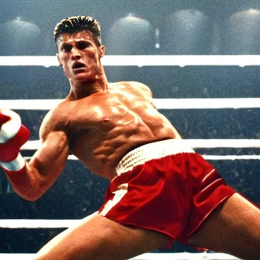 Image similar to movie still of cristiano ronaldo as ivan drago knocking out rocky balboa in rocky 4,