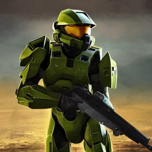 Prompt: Master Chief from Halo at a firing range with an AK-47, cinematic lighting, shot on iPhone, photorealism,